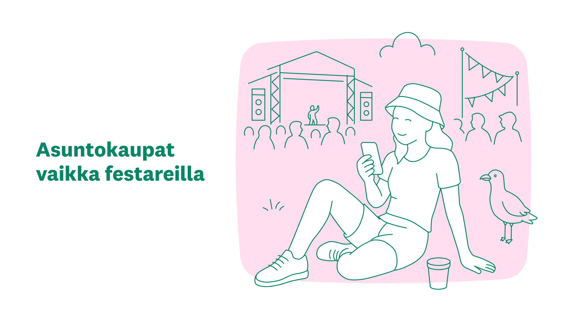Ihminen tekemässä asuntokaupat puhelimellaan festareilla